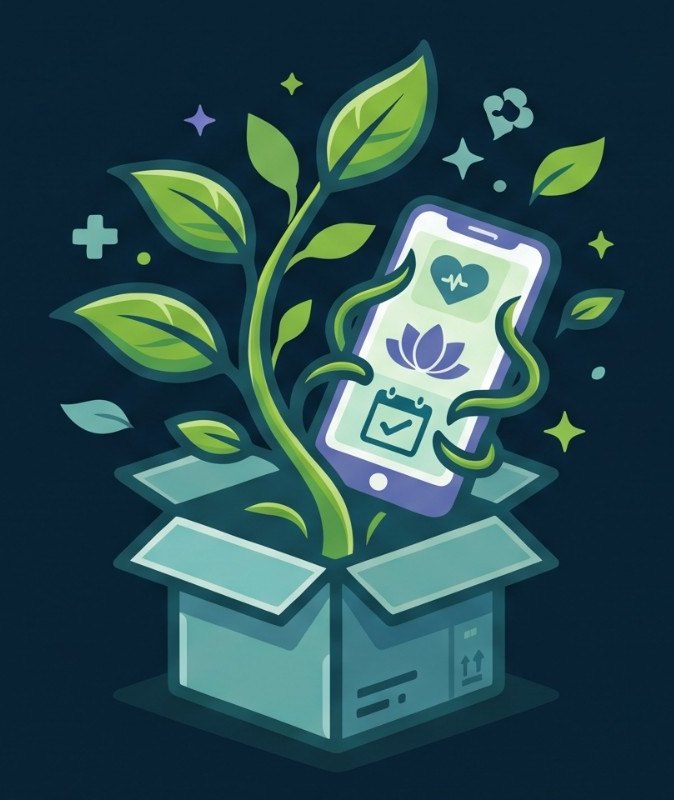The appserre emblem: a young plant and a phone growing out of an open box.